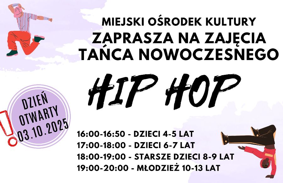 Grafika dotycząca Dnia Otwartego zajęć tańca nowoczesnego HIP HOP
