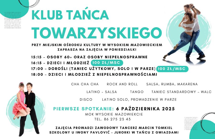 Plakat dotyczący zajęć Klubu Tańca Towarzyskiego