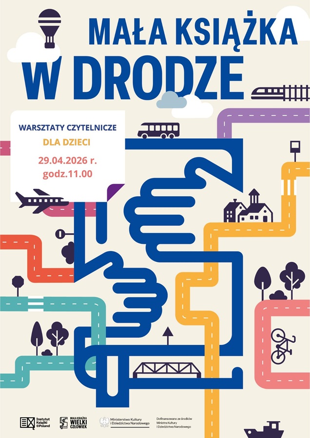 Plakat dotyczący warsztatów czytelniczych "Mała książka w drodze"