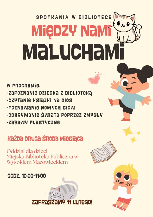 Plakat dotyczący spotkania w bibliotece "Między nami maluchami" - Dzień Kota