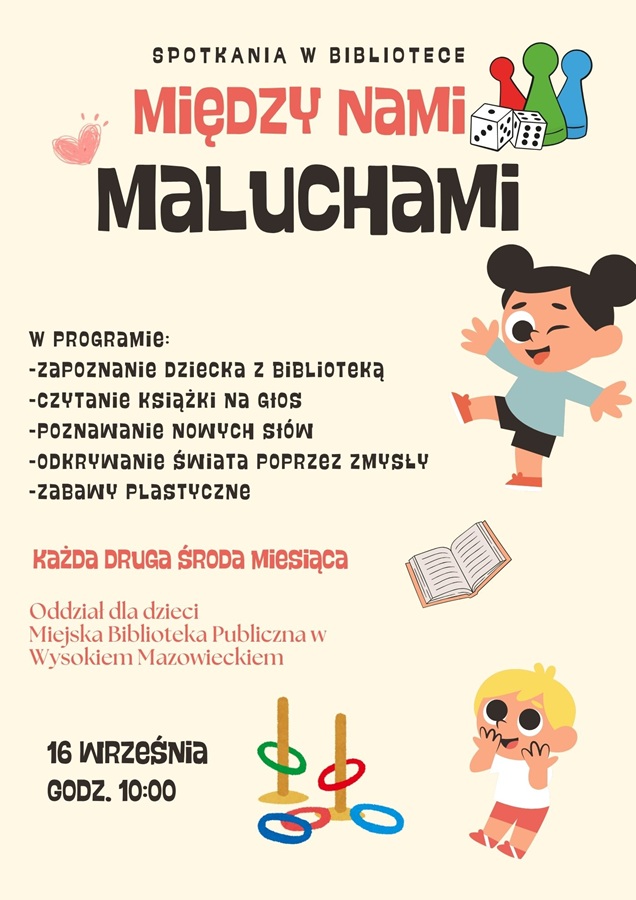 Plakat dotyczący spotkania w bibliotece "Między nami maluchami" - Gry i zabwy wrzesień 2026