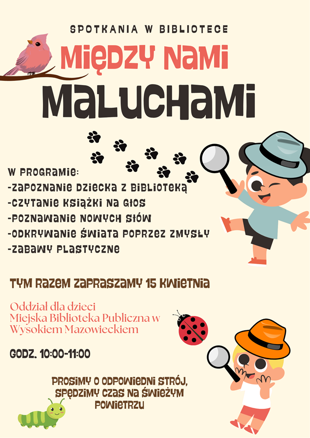 Plakat dotyczący spotkania w bibliotece "Między nami maluchami" - Zajęcia na świeżym powietrzu