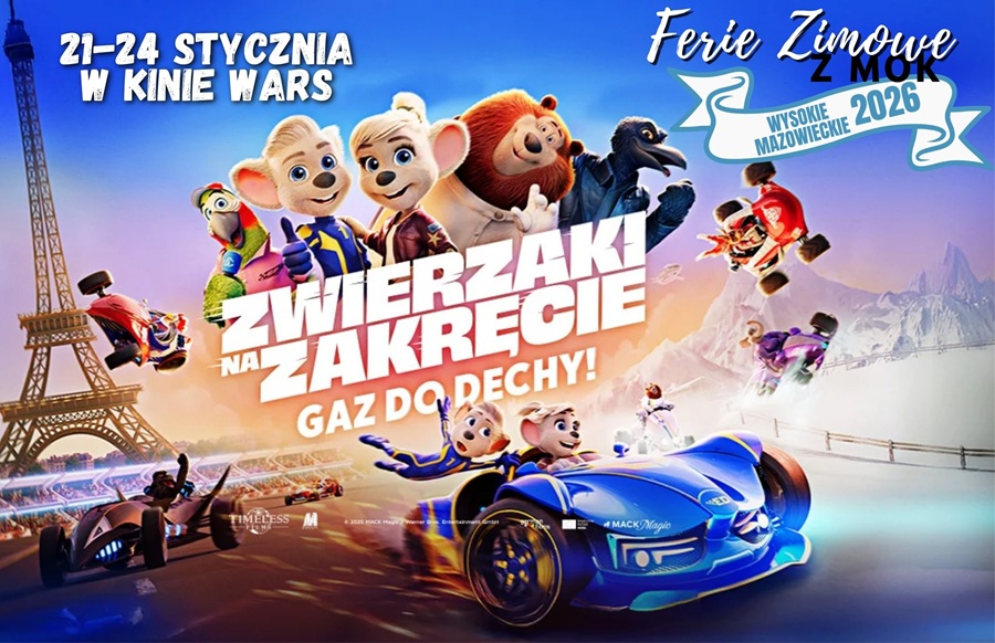 Grafika dotycząca filmu "Zwierzaki na zakręcie" w ramach ferii zimowych z MOK 2026