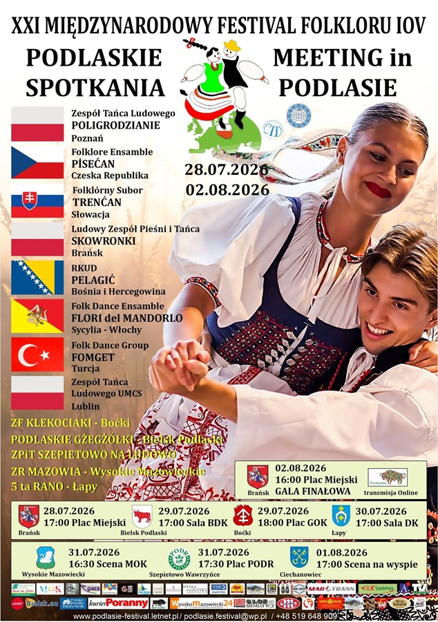 Plakat dotyczący XXI Międzynarodowego Festiwalu Folkloru "PODLASKIE SPOTKANIA"