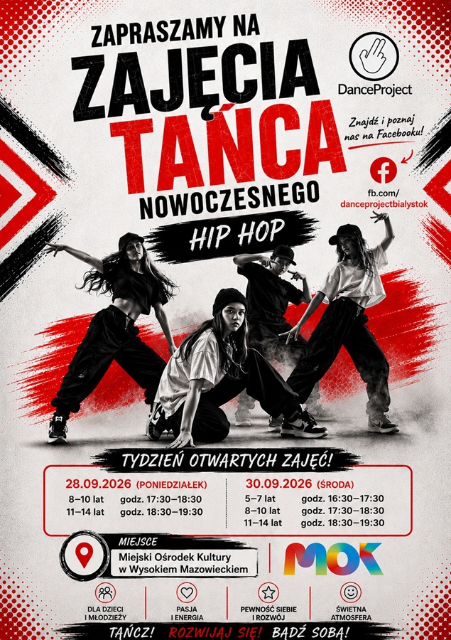 Plakat dotyczący spotkania Zajęć tańca towarzyskiego HIP HOP - DNI OTWARTE