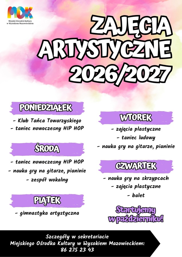 Plakat dotyczący zajęć artystycznych 2026/2027